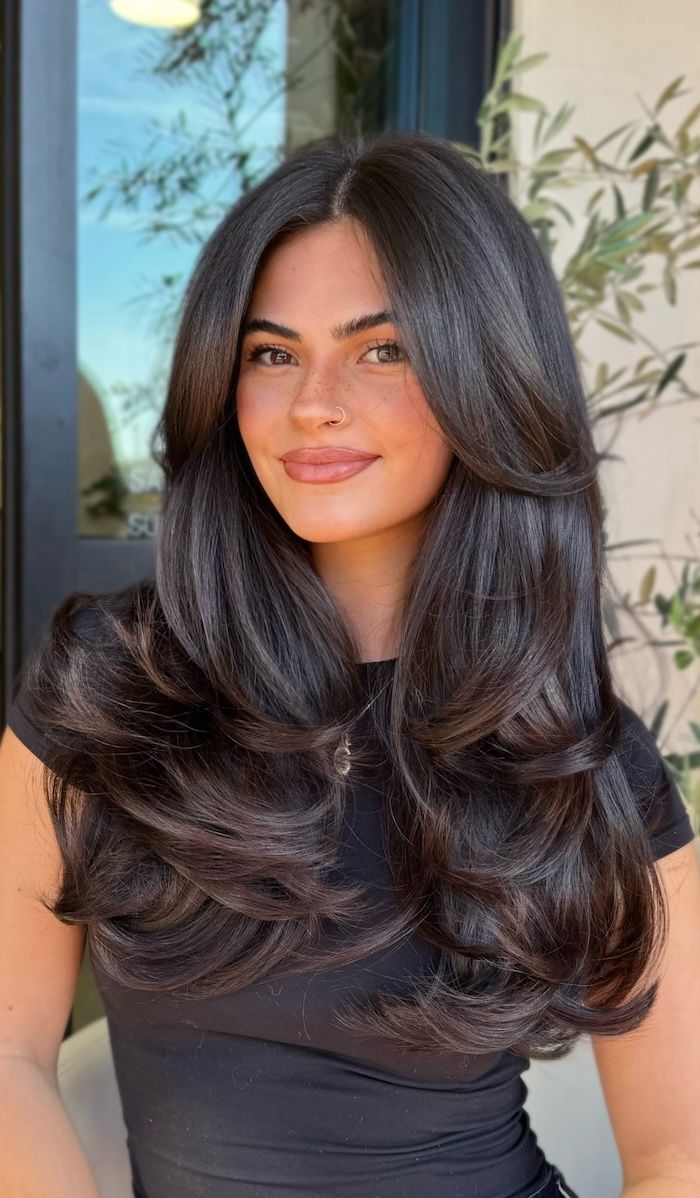 Natural Espresso Brown Long Layers with Soft Bouncy Volume and Shine