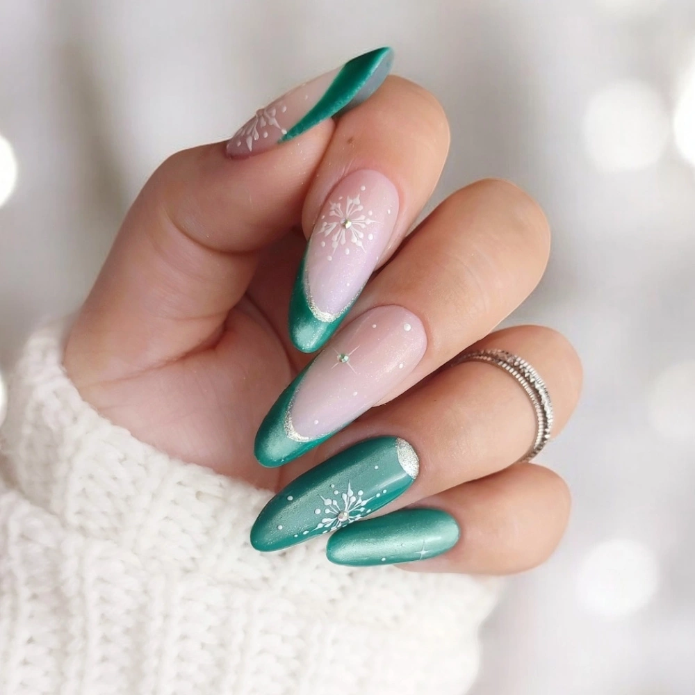 Metallic Teal French Tips & Snowflakes Metallic Teal French Tips & Snowflakes — Pastel Winter Nails