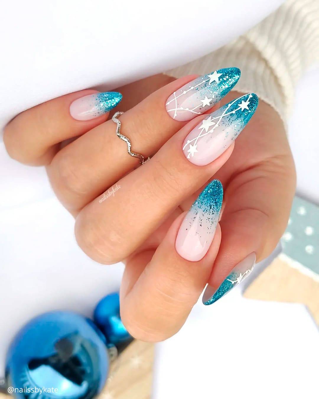 Teal Glitter Gradient Stiletto Teal Glitter Gradient Stiletto — Winter Nail Colors for Women Over 70