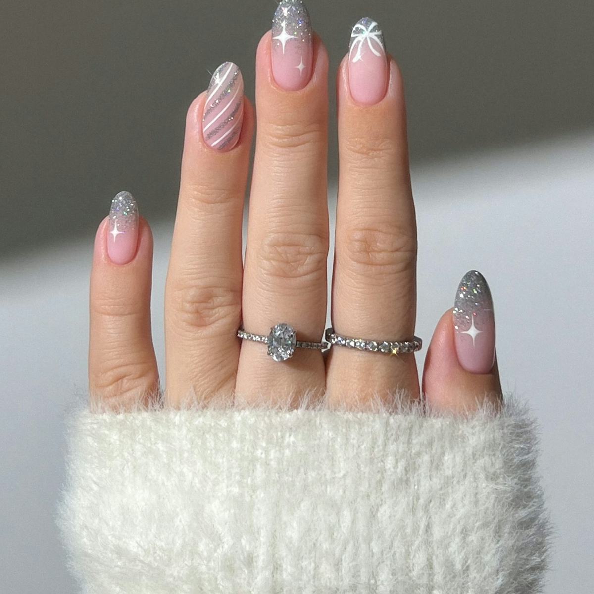 Sheer Pink Glitter French with Art — Winter Round Nails