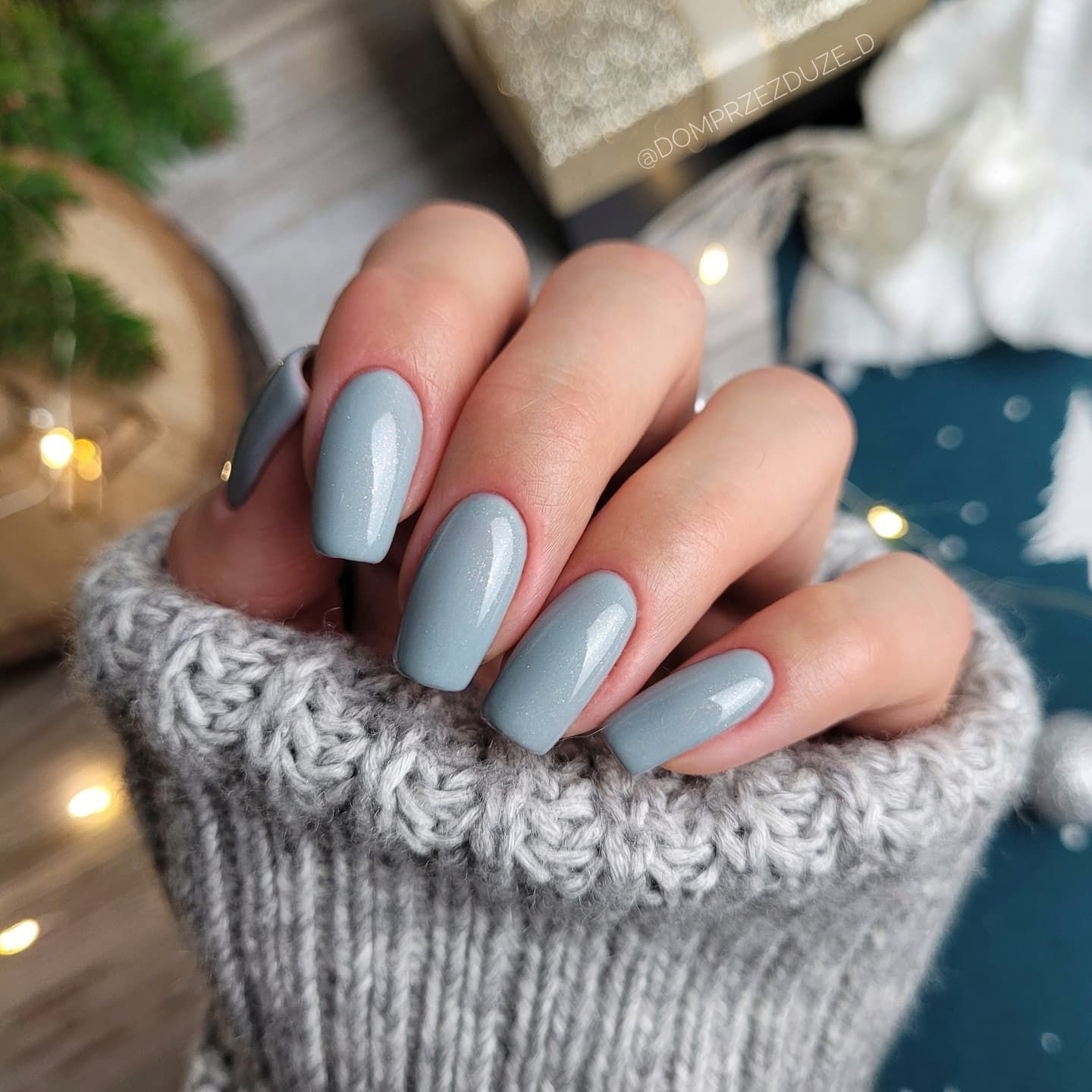 Muted Dusty Blue Satin Gloss Squovals Muted Dusty Blue Satin Gloss Squovals — Winter Squoval Nails