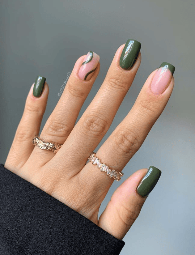 Glossy Dark Green with Swirl Accents — Dark Winter Nails