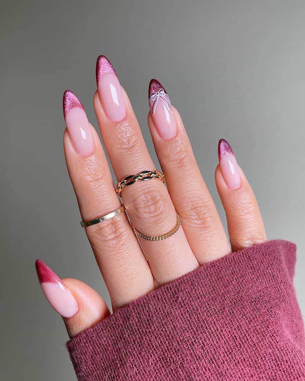Sheer Pink Metallic French with White Bow Sheer Pink Metallic French with White Bow — Winter Pink Nails