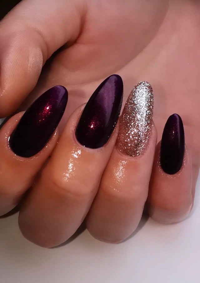 Deep Plum With Gold Glitter Accent Deep Plum With Gold Glitter Accent — Winter to Spring Transition Nails