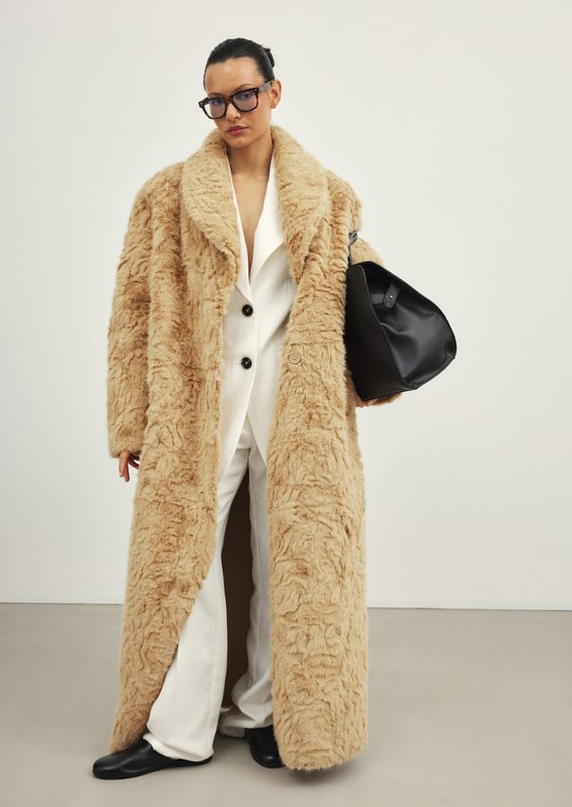 Floor-Length Beige Faux Fur Coat with White Suit — Faux Fur Coat Outfits