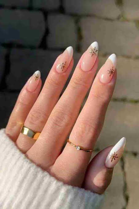 Sheer Pink French with Gold Snowflake Decals Sheer Pink French with Gold Snowflake Decals — Winter Nail Designs
