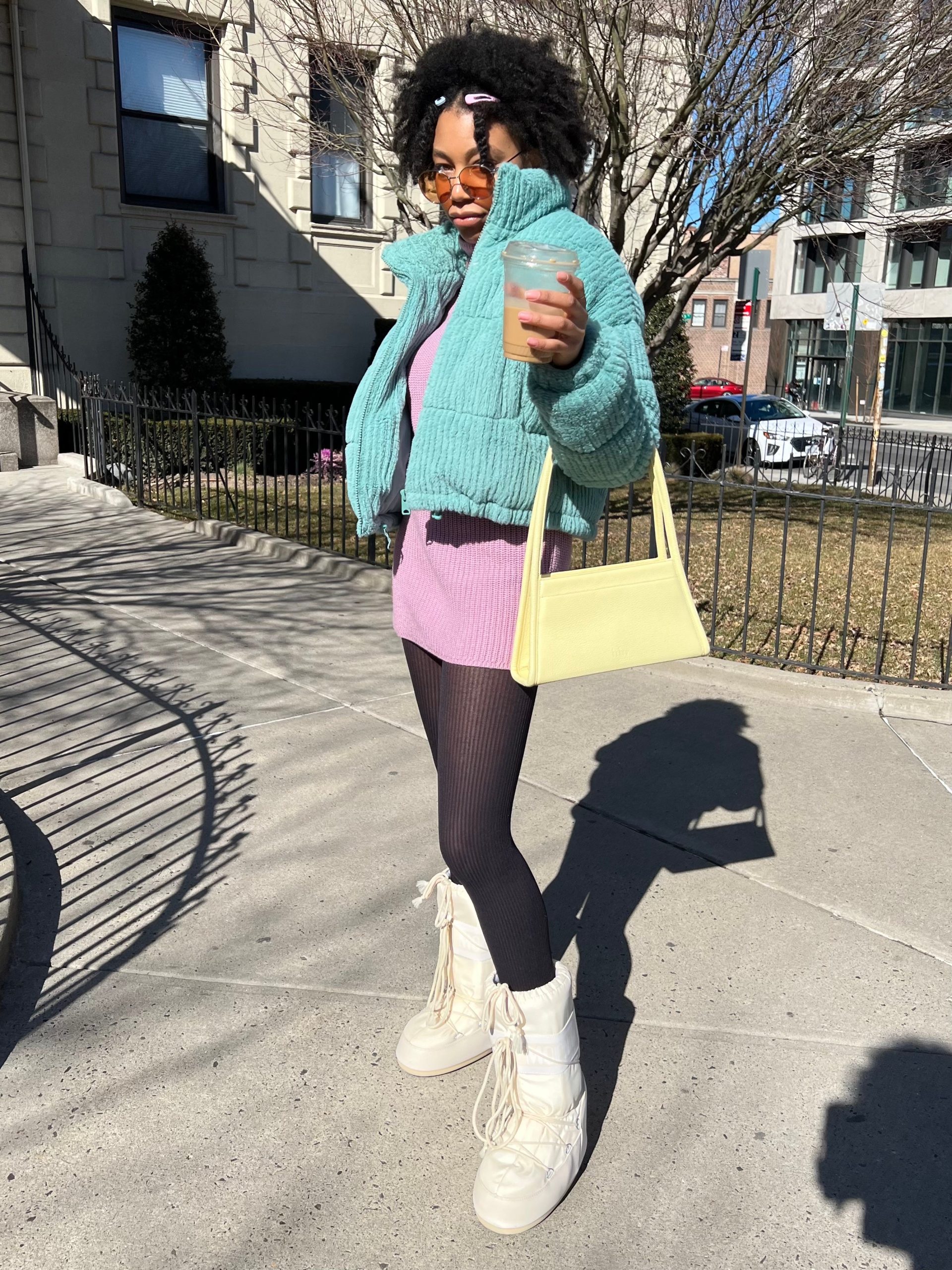 Playful Mini Dress with Cream Moon Boots and Cropped Jacket — Moon Boots Outfits