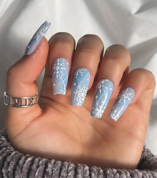 Light Blue Snowflake Art Coffin Nails — Winter Nail Colors for Women Over 40