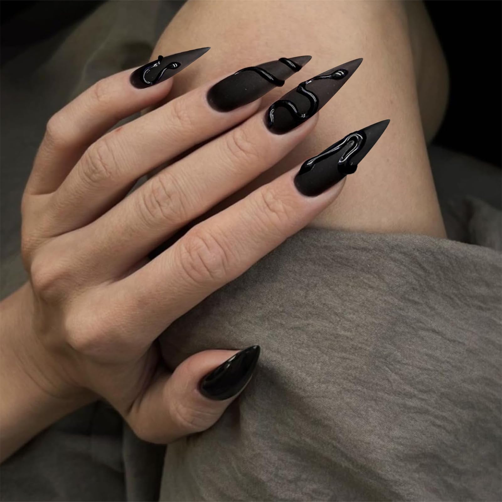 Matte Black 3D Snake Stilettos Matte Black 3D Snake Stilettos — Winter Stiletto Nails