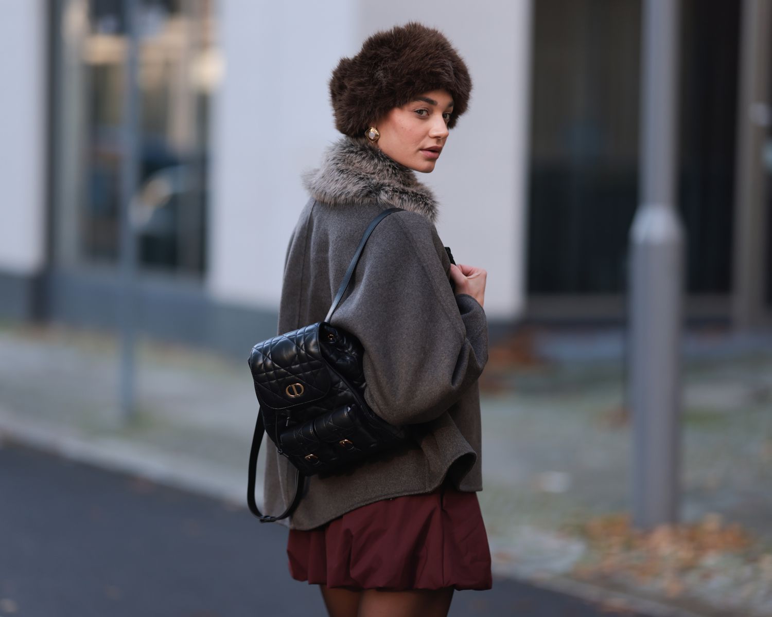 Festive Flair: Fur Hat with Cape Jacket and Satin Skirt — Fur Hat Outfits