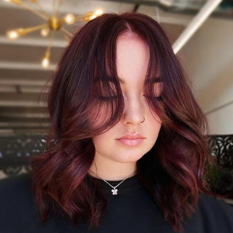 Collarbone Length Cherry Cola with Curtain Bangs — Cherry Cola Hair Color