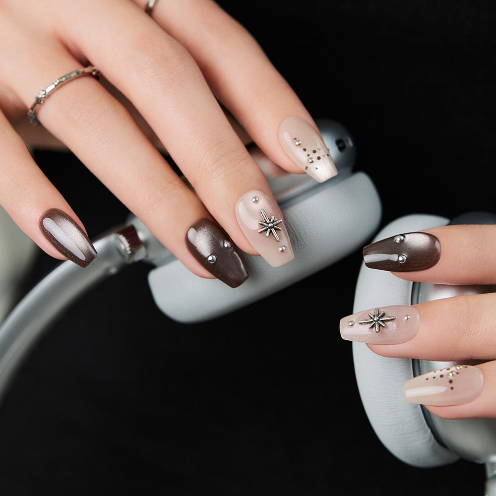 Brown and Nude Star Charm Coffin Nails Brown and Nude Star Charm Coffin Nails — Winter Coffin Nails