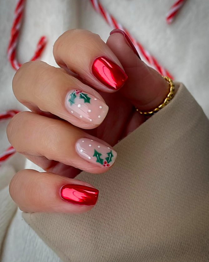 Short Square Metallic Red Holly Accents Short Square Metallic Red Holly Accents — Simple Winter Nails