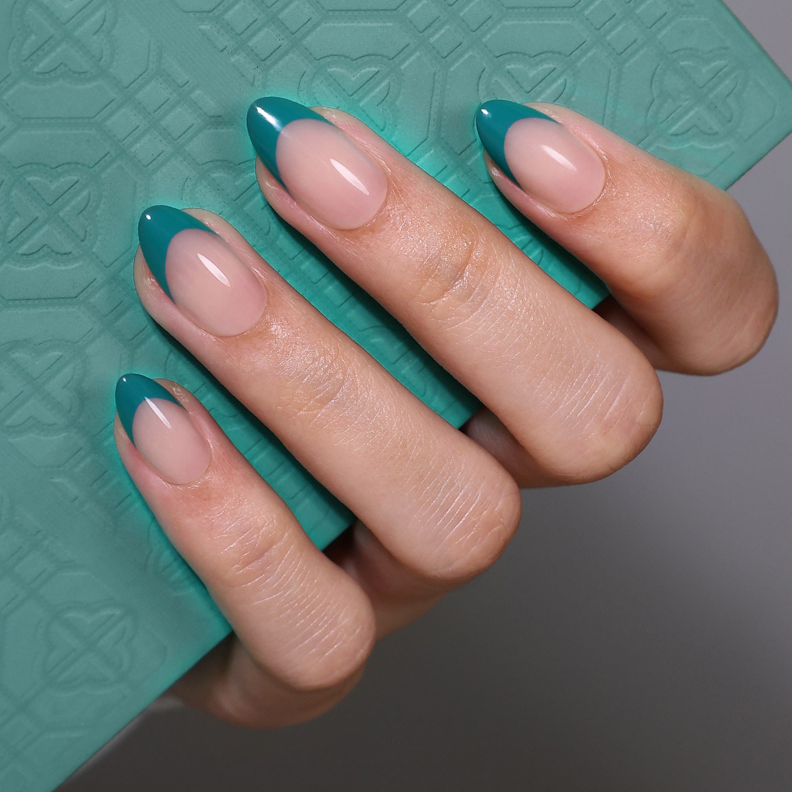 Cyan French Tip Clear Base Nails — Short Winter Almond Nails