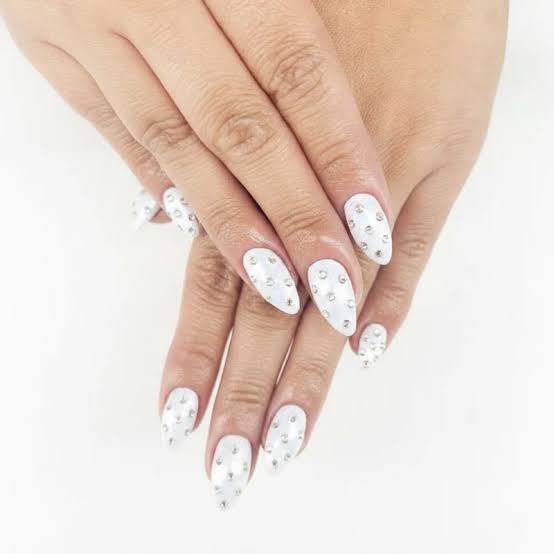 All-Over Rhinestone Embellished White Nails — Winter White Nails