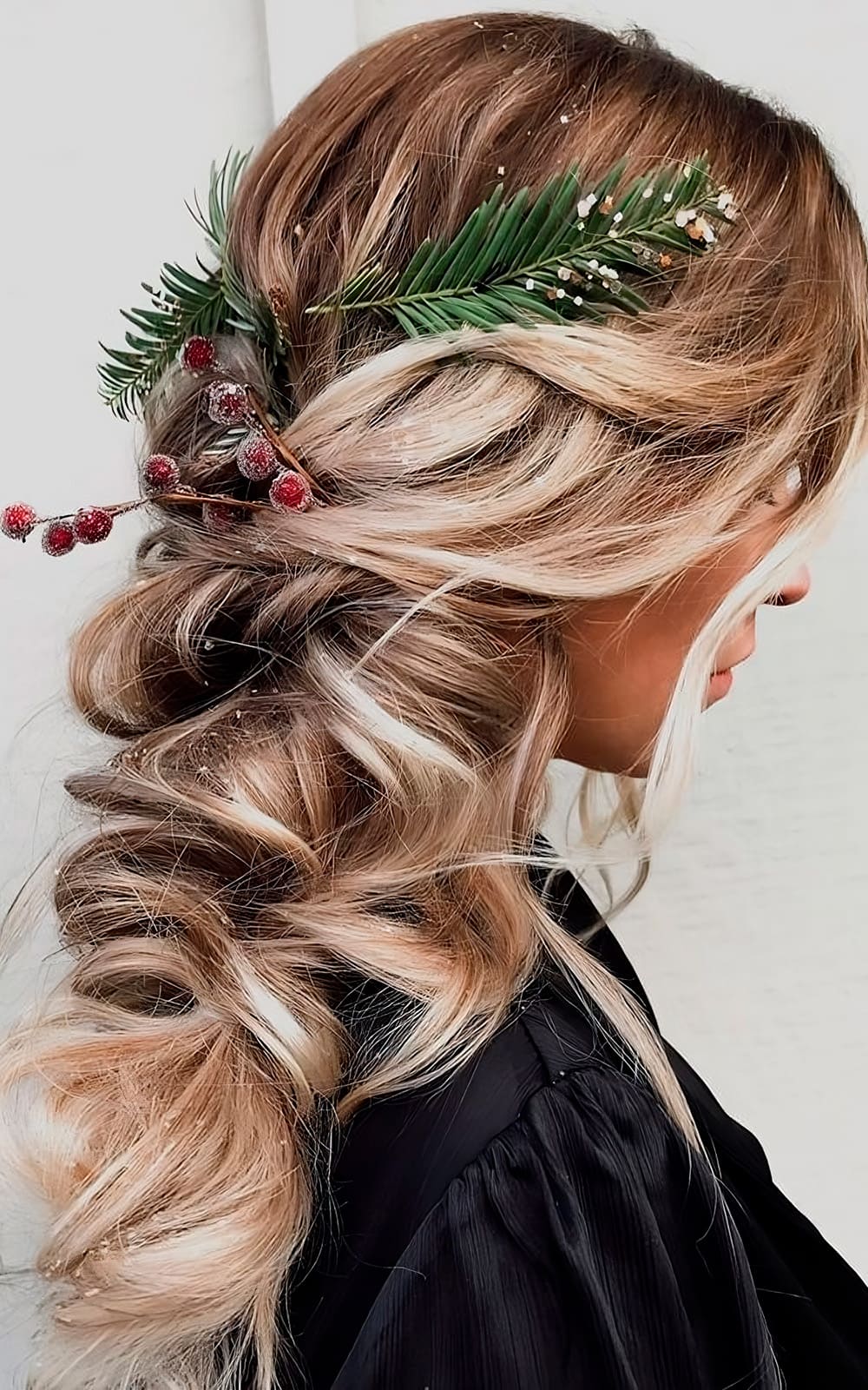 Textured Blonde Updo With Festive Accents Textured Blonde Updo With Festive Accents — Winter Hairstyles for Long Hair