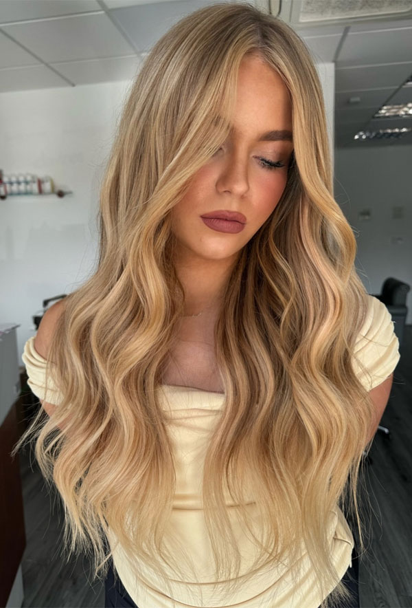 Warm Golden Blonde With Highlights Visual Idea Warm Golden Blonde With Highlights Visual Idea — Winter Haircuts for Wavy Hair