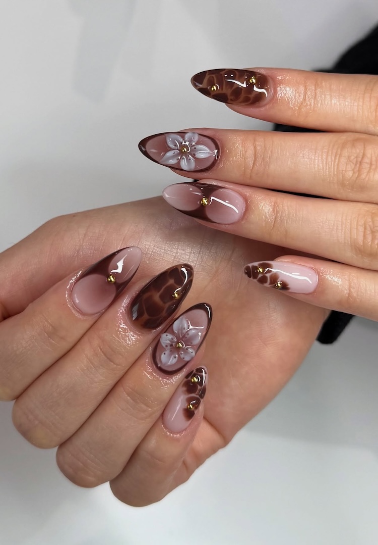 Chocolate French Tips with Floral Art Chocolate French Tips with Floral Art — Chocolate Brown Nails