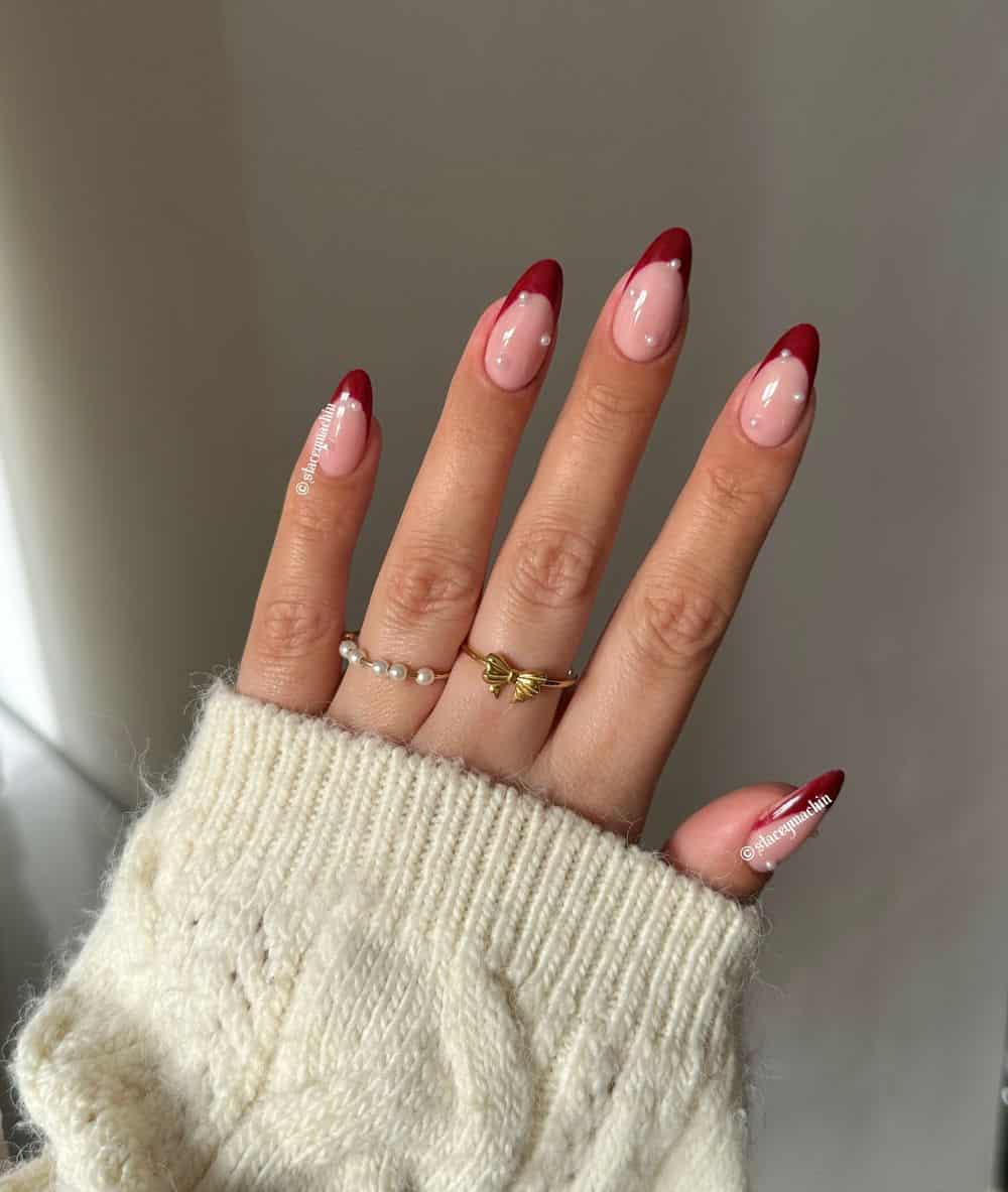 Red French Tip Pearl Accent Nails Red French Tip Pearl Accent Nails — Winter Nails
