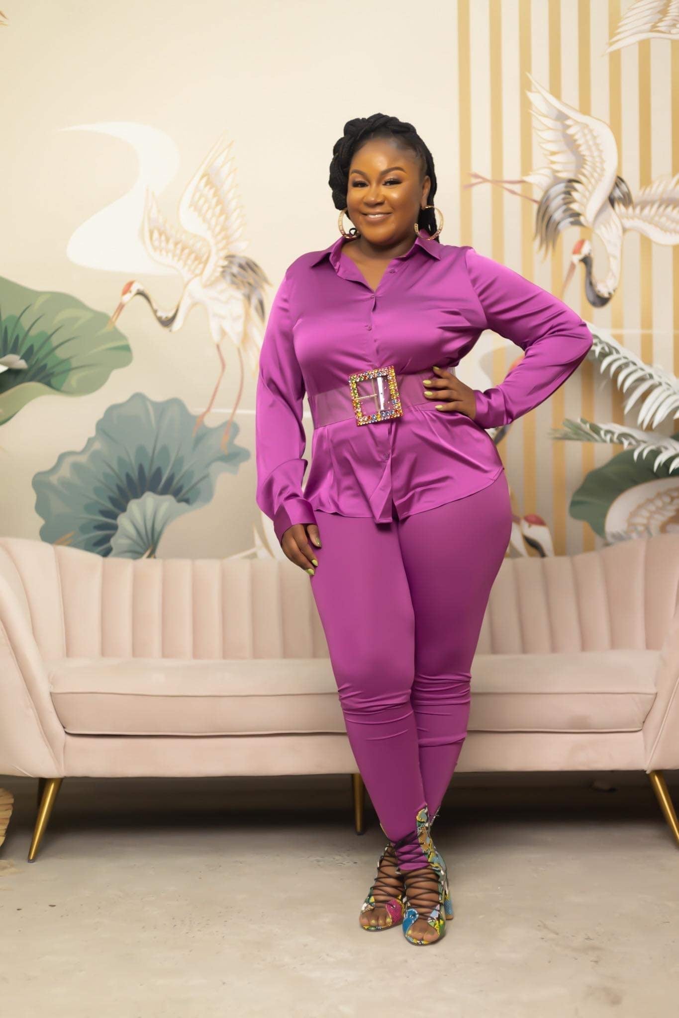 Chic Royal Purple Satin Co-ord Set with Jeweled Belt — Royal Purple Outfits