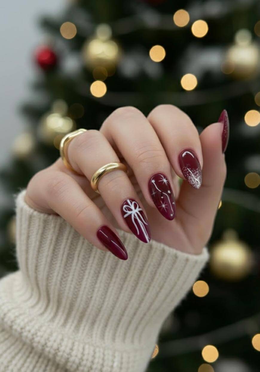 Festive Burgundy Stilettos with White Bow and Glitter — Burgundy Nails