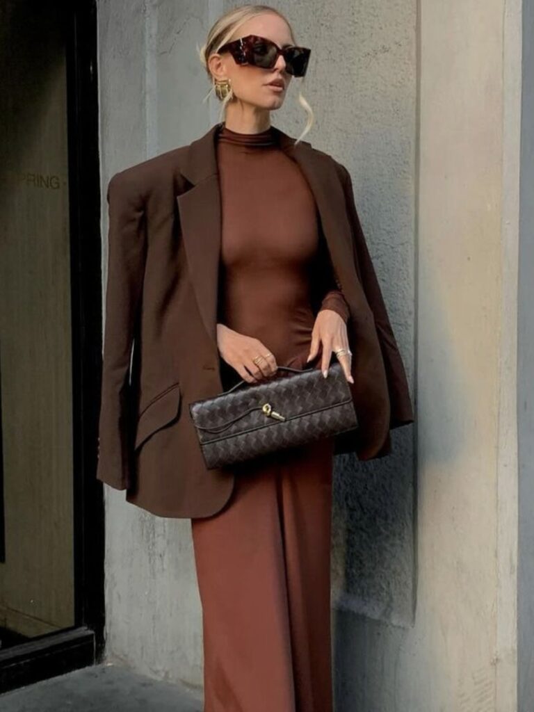Sophisticated Polish: Chocolate Brown Mock-Neck Dress with Draped Blazer — Chocolate Brown Outfits