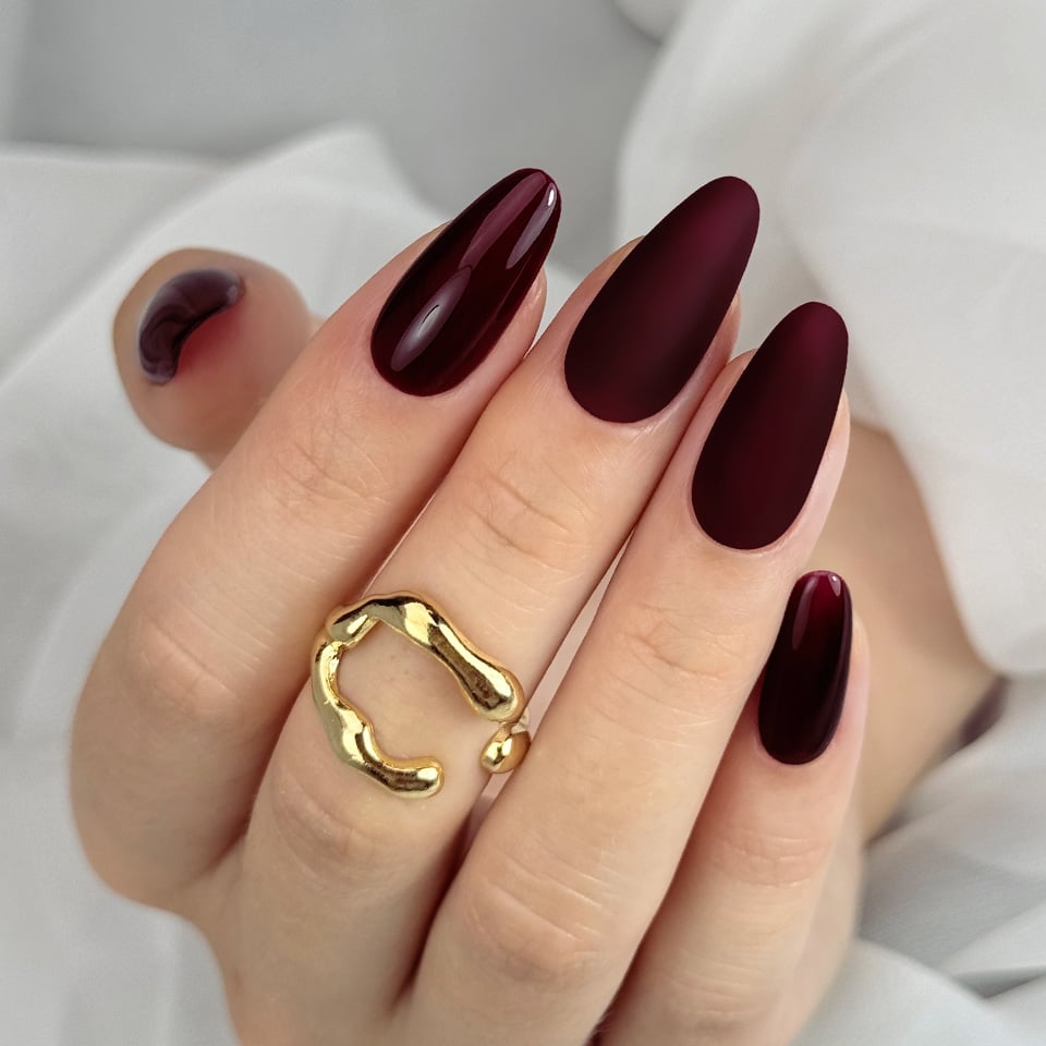 Muted Berry Matte Almonds Muted Berry Matte Almonds — Black Cherry Nails