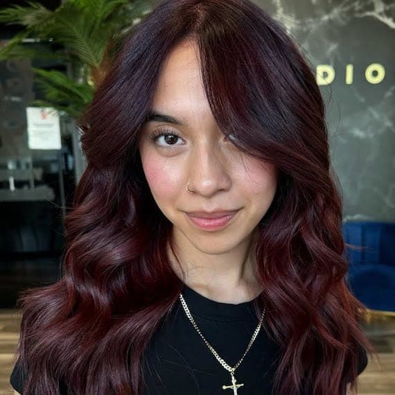 Deep Burgundy Wavy Blowout Deep Burgundy Wavy Blowout — Burgundy Hair Color