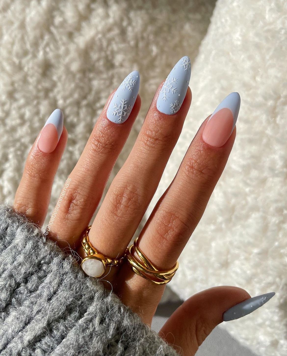 Matte Baby Blue Almond Nails With Snowflakes — Winter Almond Nails