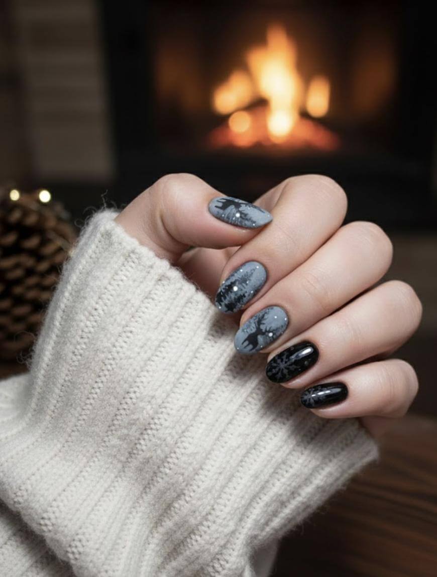 Matte Winter Forest Scene Oval Nails Matte Winter Forest Scene Oval Nails — Winter Gray Nails