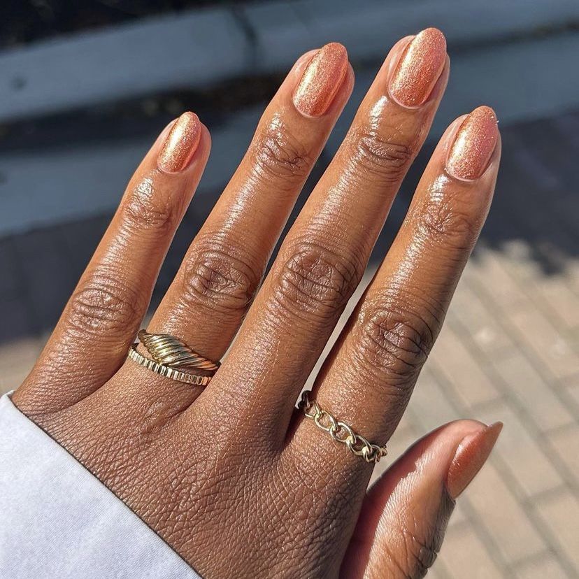 Peach-Orange Shimmer Glossy Nails — Winter Nail Colors for Women Over 40