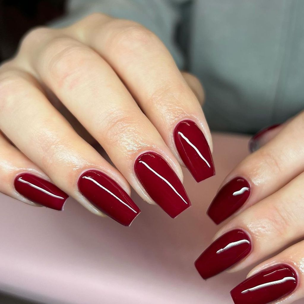 High Gloss Deep Glossy Red Coffin Nails — Winter Nail Colors for Pale Skin