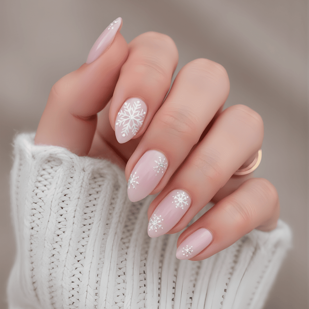 Pale Pink Snowflake Decal Almond Nails — Winter Formal Nails
