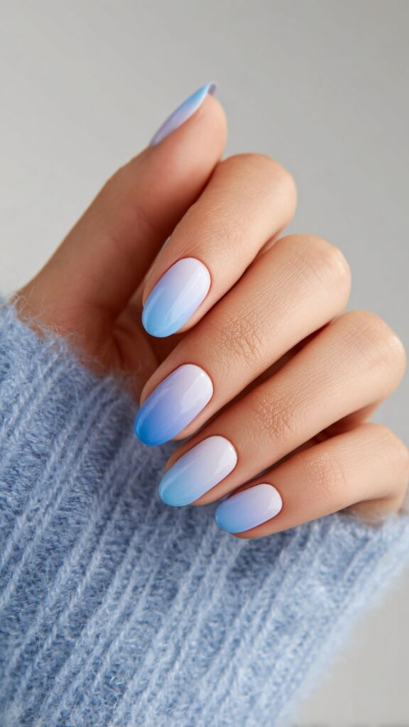 White to Icy Blue Gradient Oval Nails — Icy Blue Nails