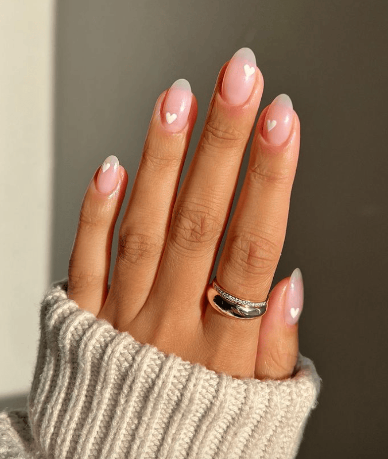 Medium Oval Black Heart French Tips Medium Oval Black Heart French Tips — Winter Oval Nails