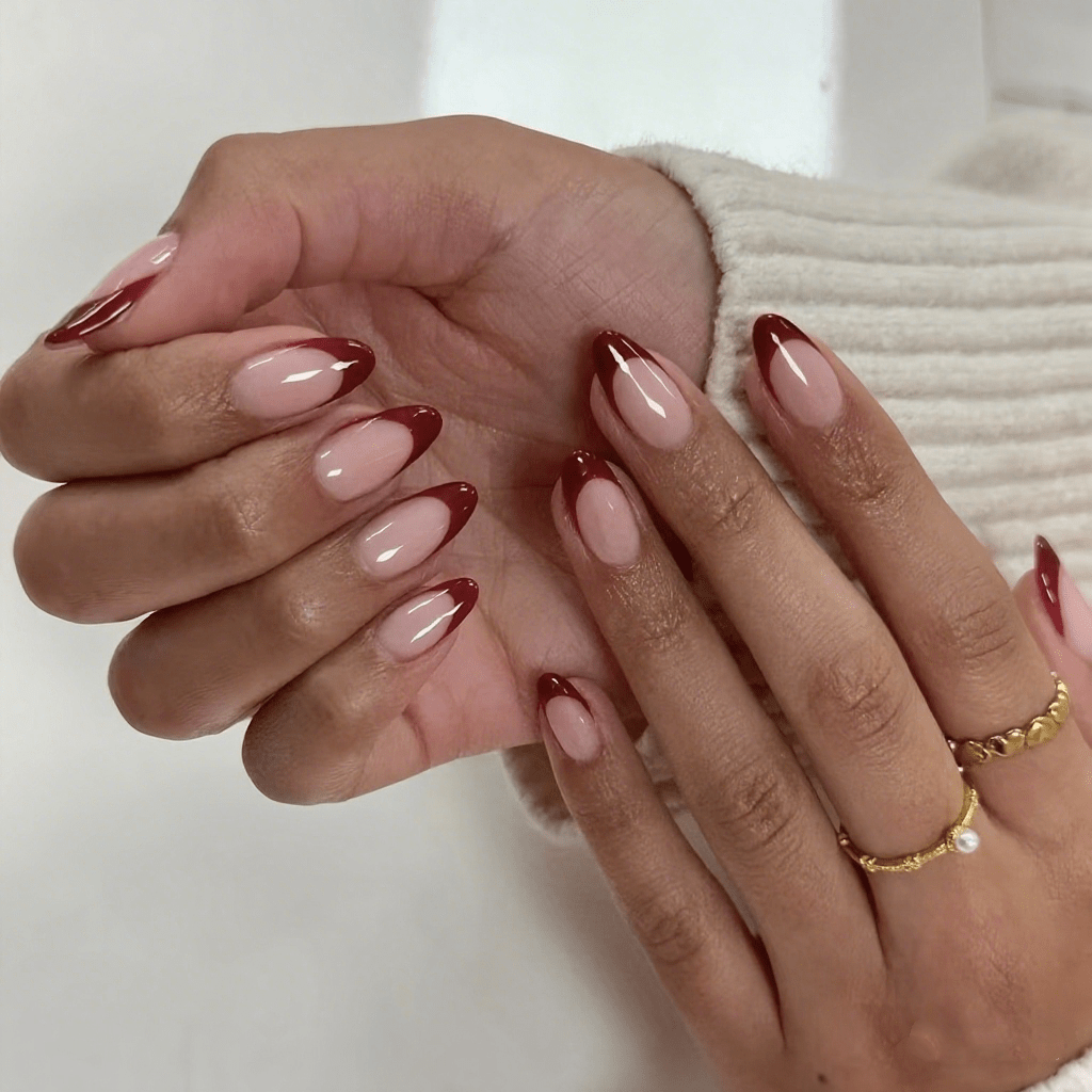 Classic Burgundy French Tip Medium Almond Nails — Burgundy Nails