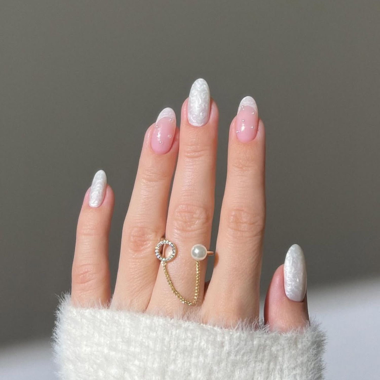 Textured White French Tips with Pearls — Winter White Nails