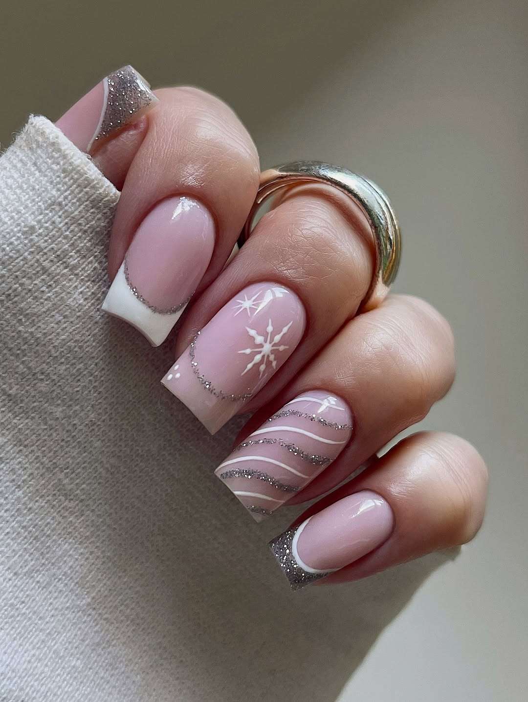 Short Square Pink French with Snowflakes Short Square Pink French with Snowflakes — Winter Pink Nails