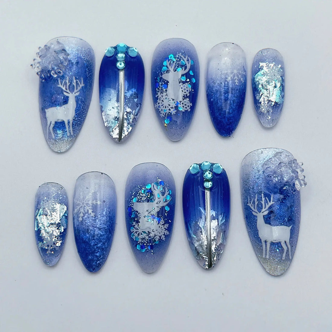 Deep Blue Gradient Reindeer Stilettos — Winter Wonderland Nails