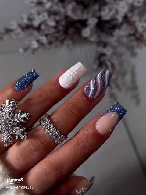 Deep Blue Glitter Cable Knit Square Nails Deep Blue Glitter Cable Knit Square Nails — Long Winter Nails