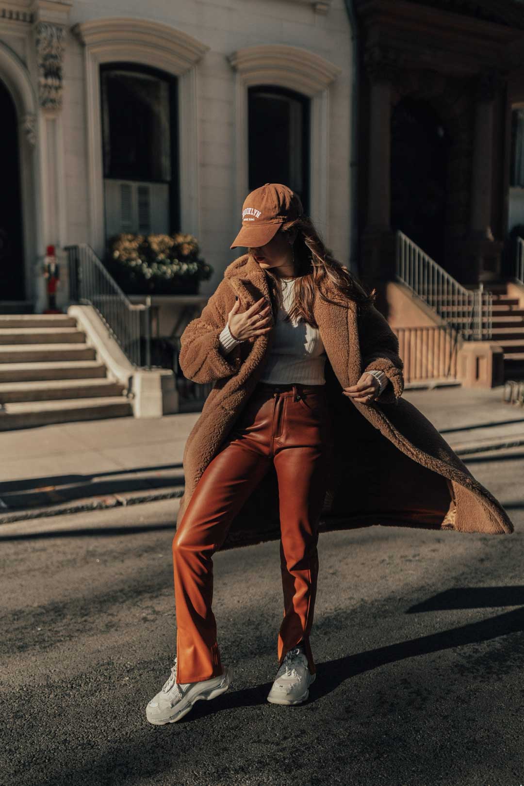 Teddy Fleece Coat Over White Top and Leather Trousers Teddy Fleece Coat Over White Top and Leather Trousers — January Outfits