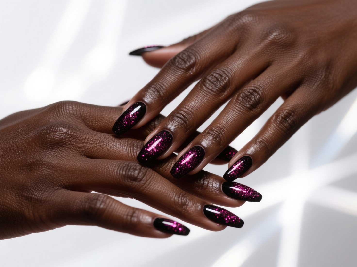 Glossy Black with Deep Pink Glitter — Dark Winter Nails