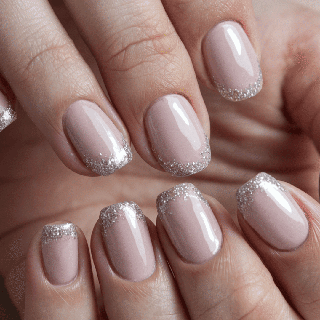 Short Oval Pale Pink Glitter French Short Oval Pale Pink Glitter French — Winter Nude Nails
