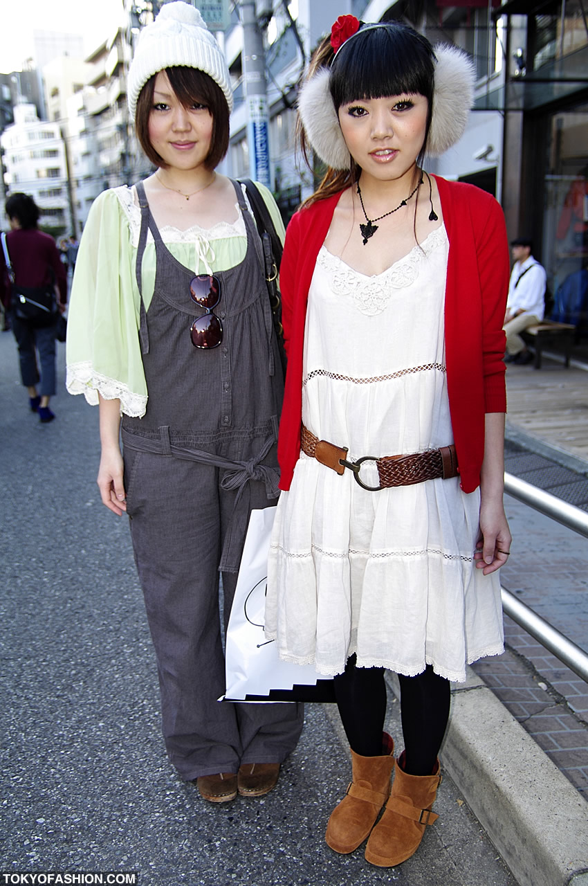 Street Style: White Earmuffs with Red Cardigan and Lace Dress — Earmuffs Outfits