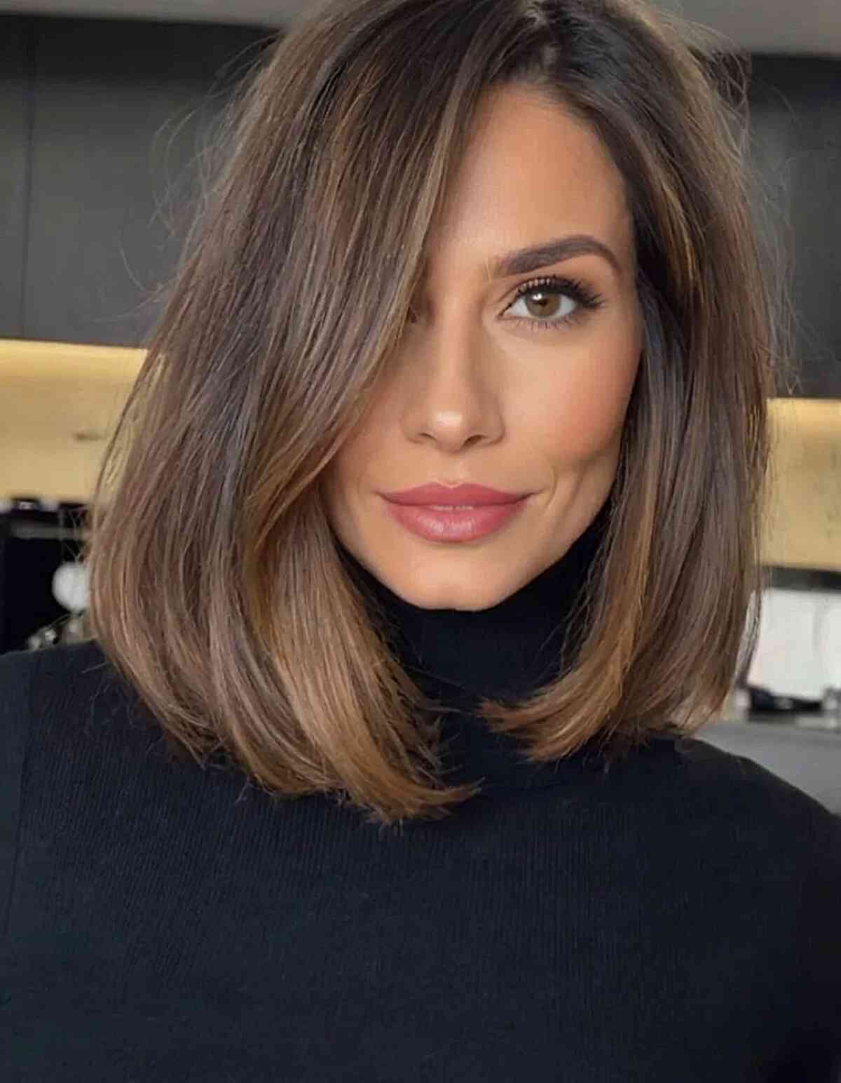 Chin Length Bob With Side Bangs Chin Length Bob With Side Bangs — Medium Length Winter Haircuts