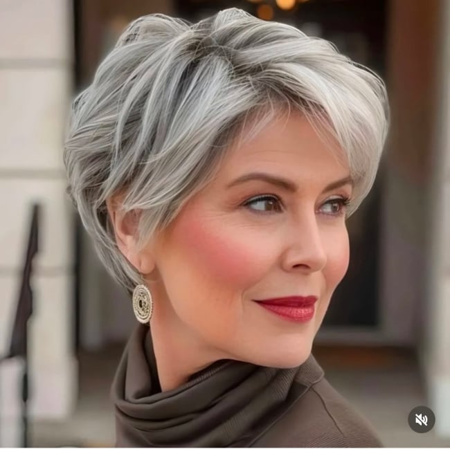 Voluminous Silver Grey Pixie — Winter Hair Colors for Women Over 40