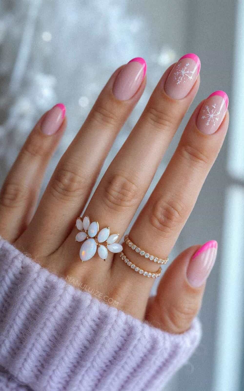 Pink French Tips with White Snowflake Accents Pink French Tips with White Snowflake Accents — Winter Nail Designs