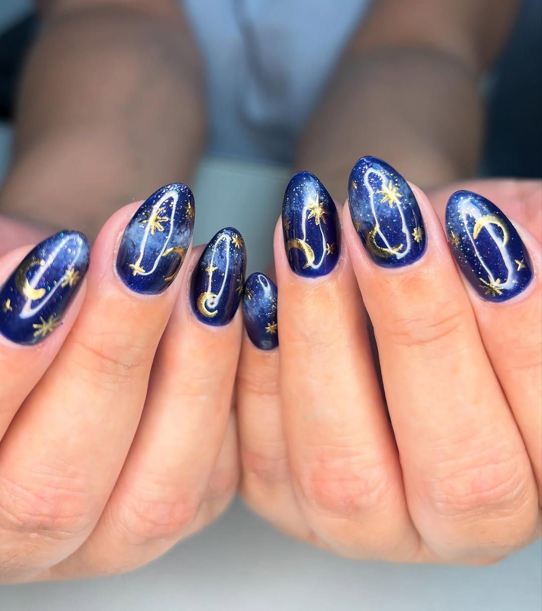 Glossy With Shimmer Medium Almond Celestial Navy — Navy Blue Nails