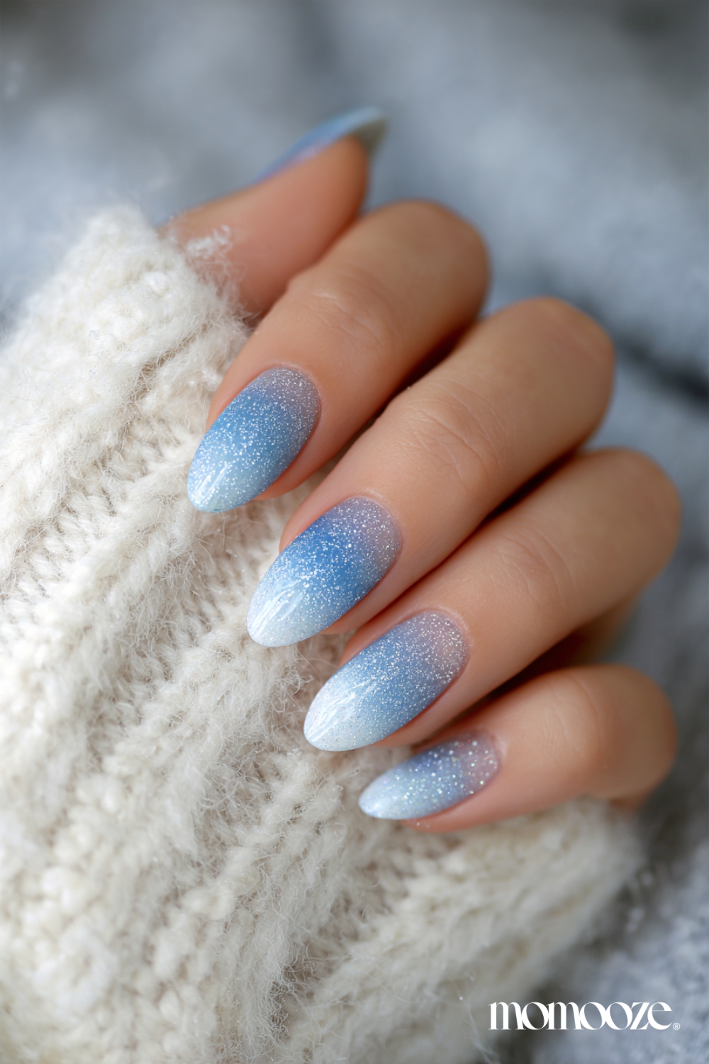 Winter Sky Glitter Gradient Almonds — Cute Winter Nails