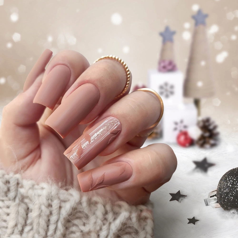 Long Square Matte Nude Glitter Leaf Nails Long Square Matte Nude Glitter Leaf Nails — Winter Nails